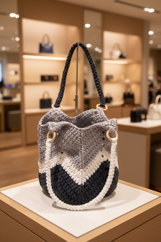 Handmade crochet bucket bag on display in a store setting
