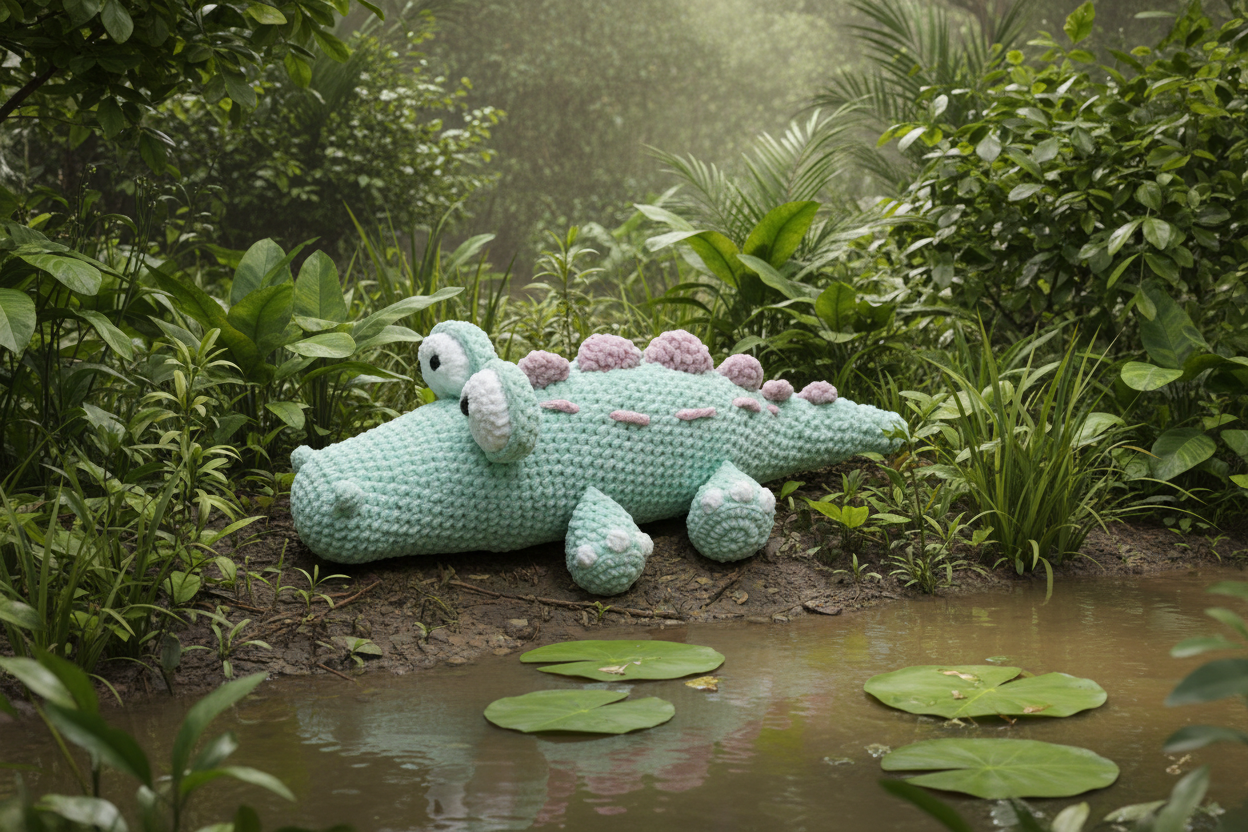 Crocheted crocodile on a bank