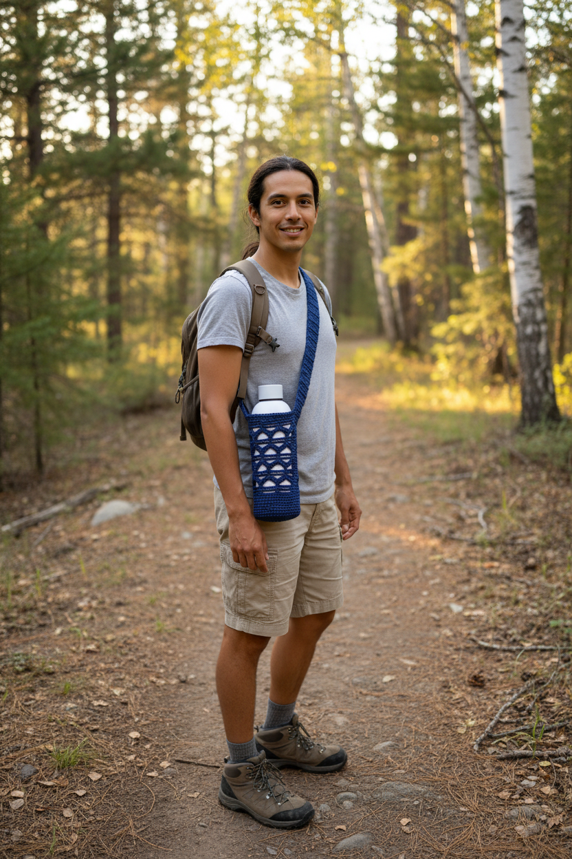 Man wearing with a blue crochet water bottle holder on a trail