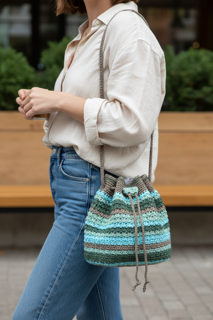 Person holding a colorful striped crochet bag outdoors.