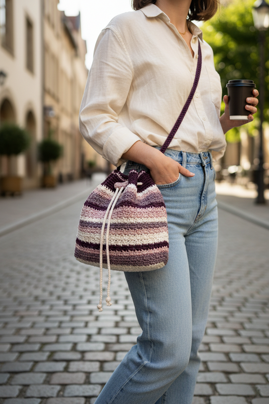 Person holding a striped drawstring bag on a city street
