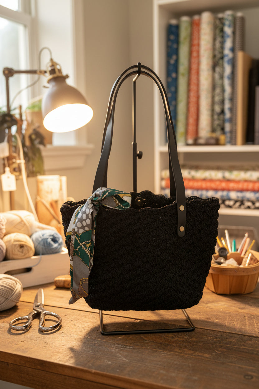 Black crochet handbag on a stand in a cozy room with books and yarn.