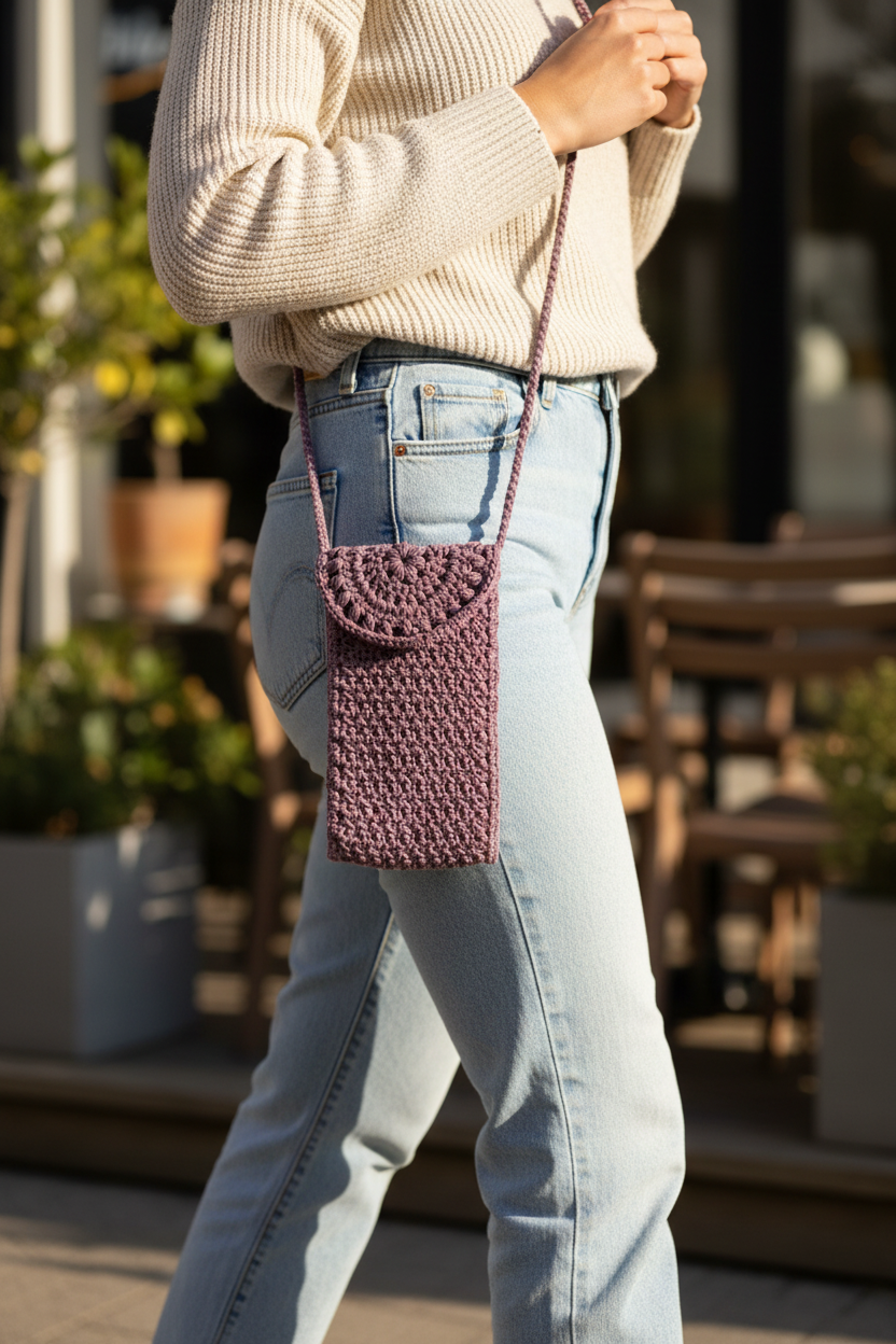 Person wearing a Dusty Rose crochet phone carrier outdoors