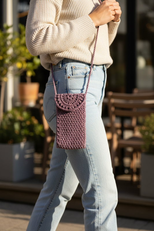 Person wearing a Dusty Rose crochet phone carrier outdoors