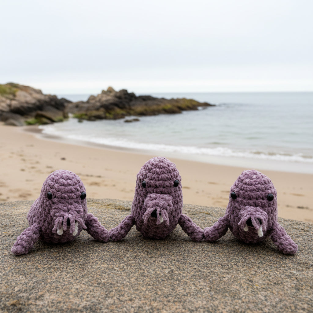Three dusty lavender crochet walrus sitting on a white surface with a neutral background.
