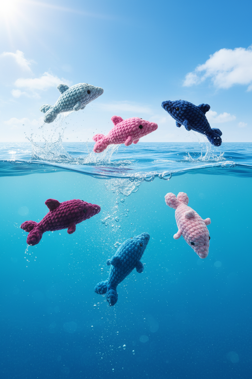 Colorful crochet dolphin in the water with a blue sky background