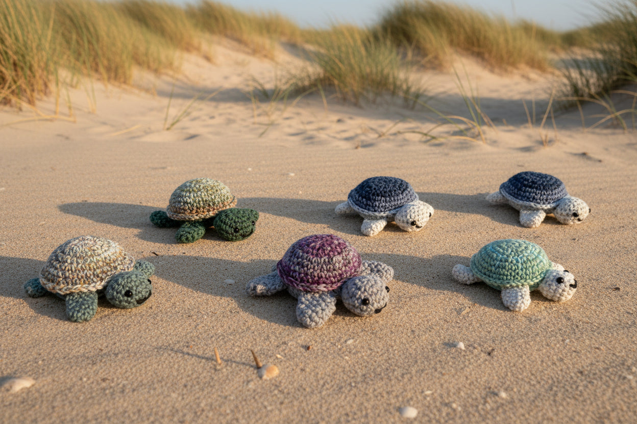 Set of six crocheted turtles on a white background