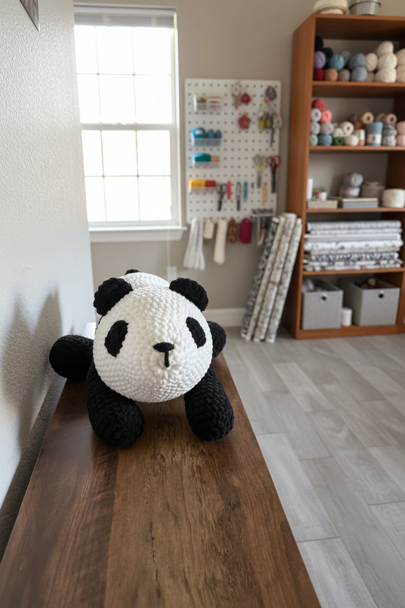 A crocheted panda plush toy sits on a wooden table