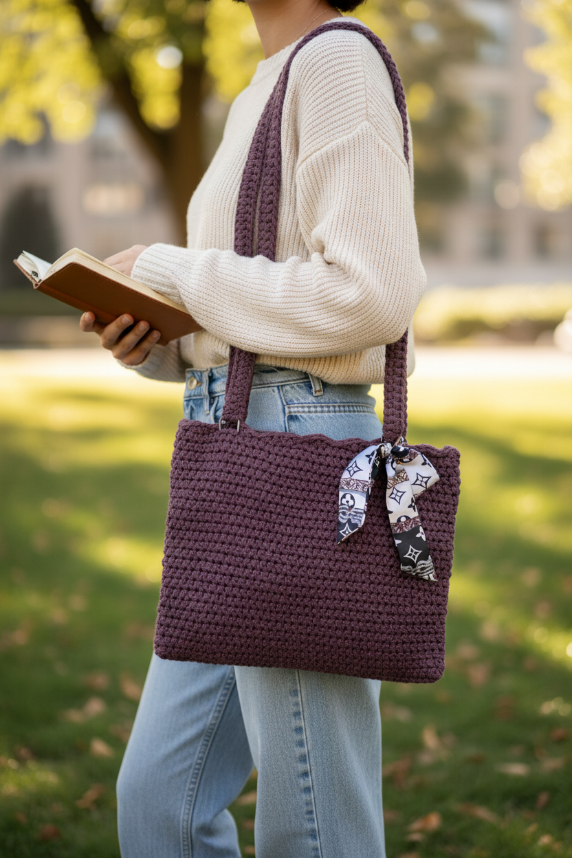 Person holding a wine crochet bag outdoors.