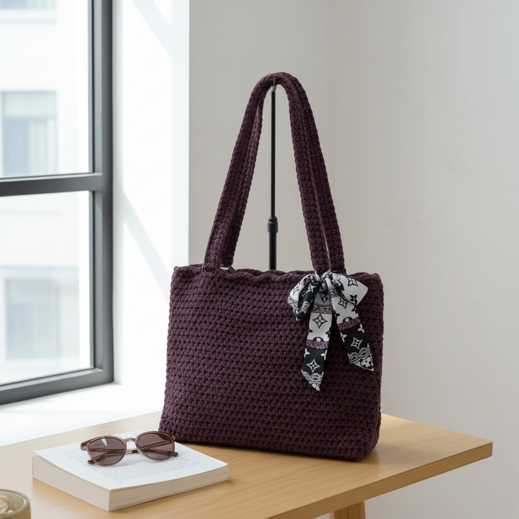 Wine colored crochet handbag with a decorative scarf on a wooden table.