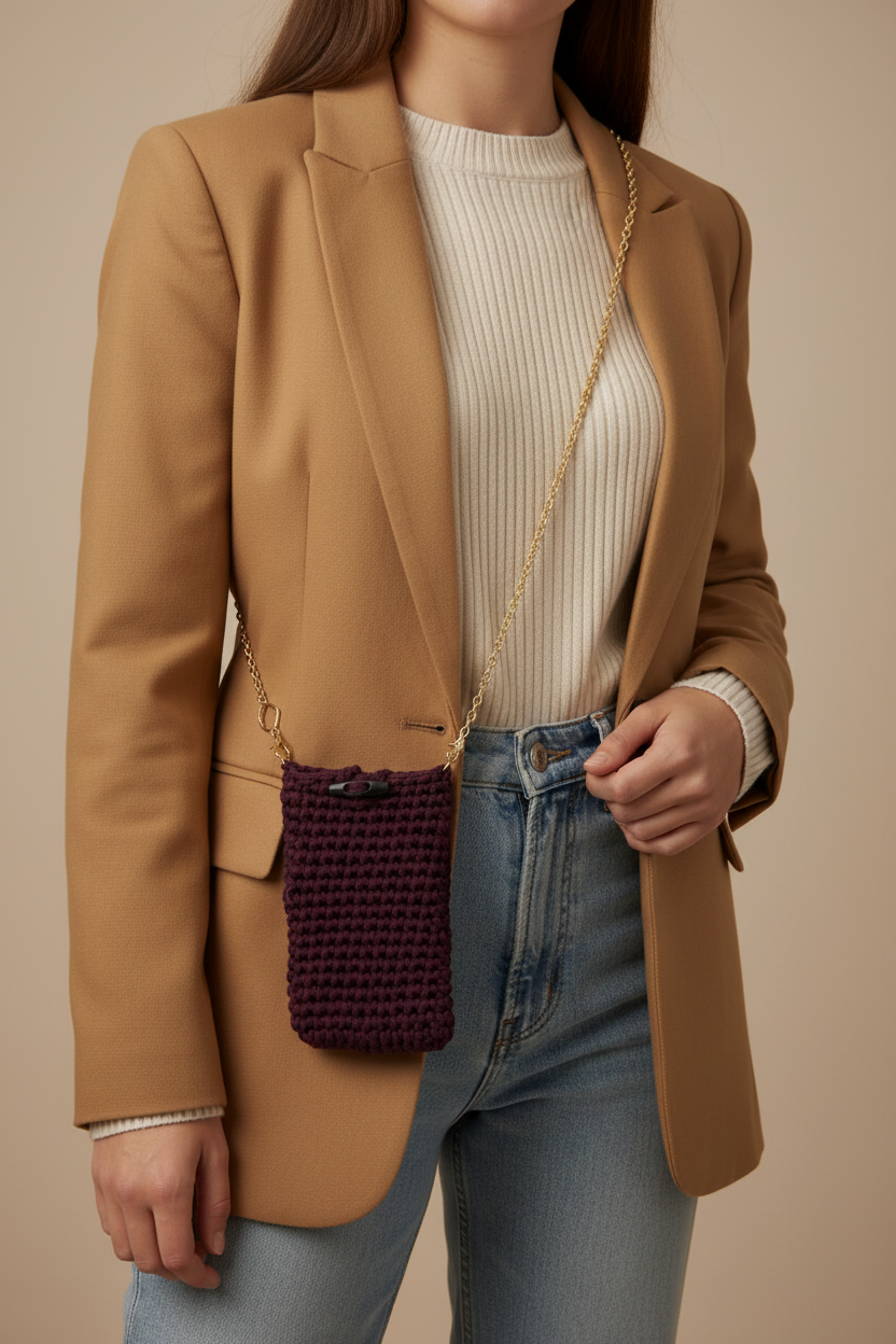 Person wearing a plum crochet cell phone carrier. 