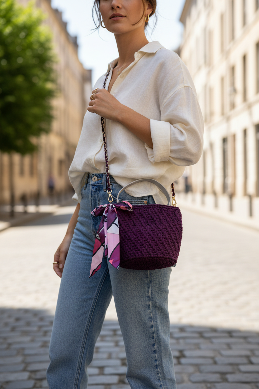 Woman carrying a plum crochet handbag with a pink scarf, on a street.