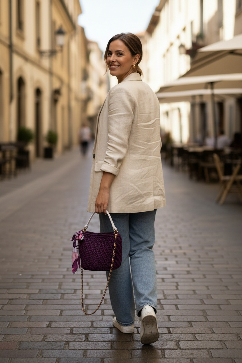 Woman walking down a street holding a plum crochet handbag