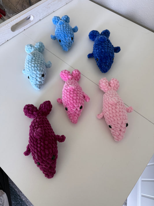 Five crocheted dolphin amigurumis in blue, pink, and purple on a white surface.